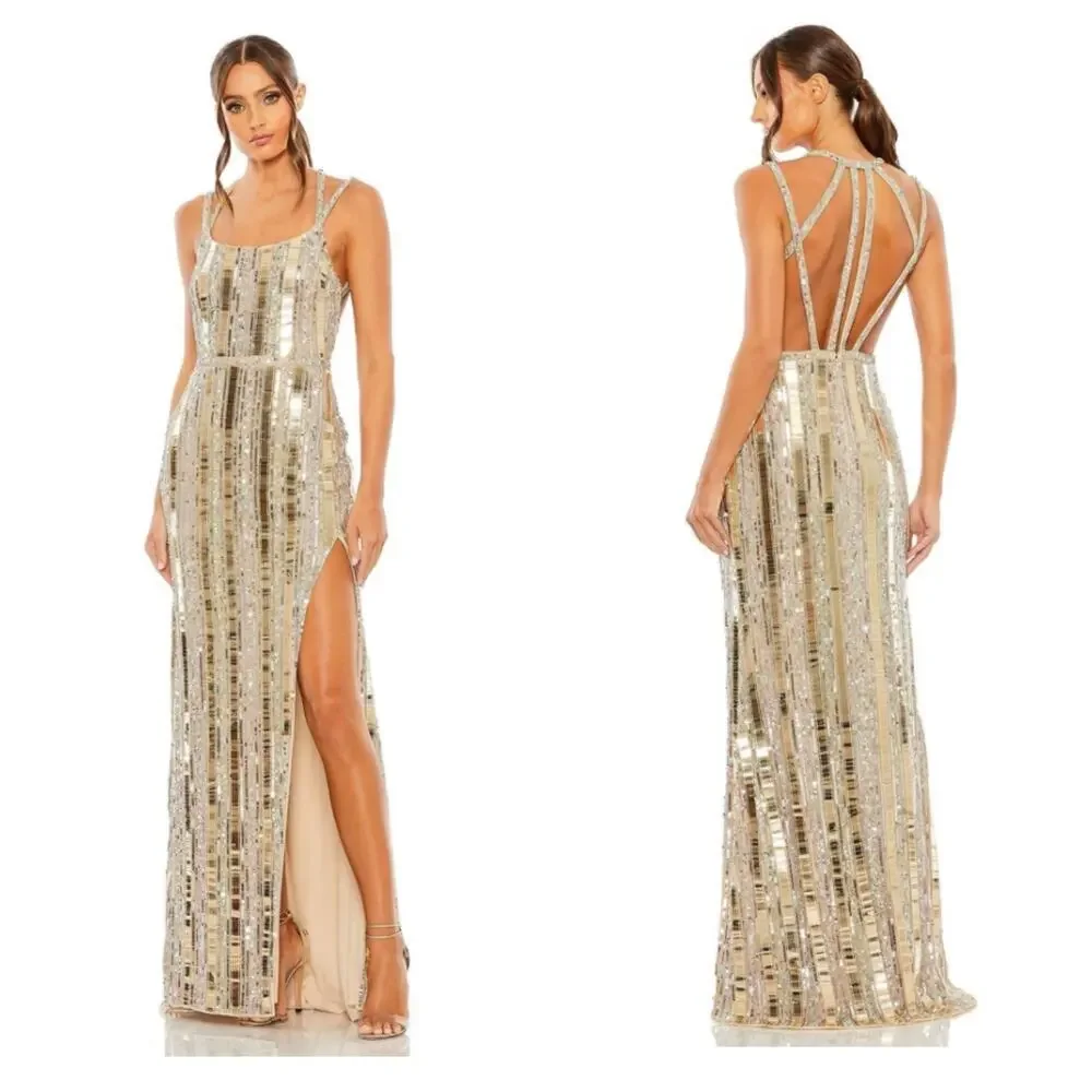 Mac Duggal Bead-Embellished Detail Halter Neck Gown Gold/ Silver Size 14 NWT - Picture 2 of 12